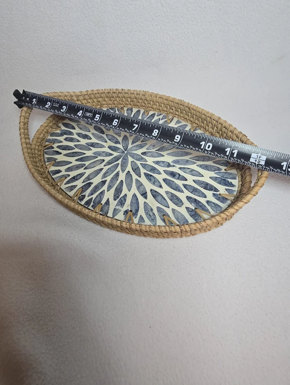 Woven Rattan Tray with Blue Patterned Insert